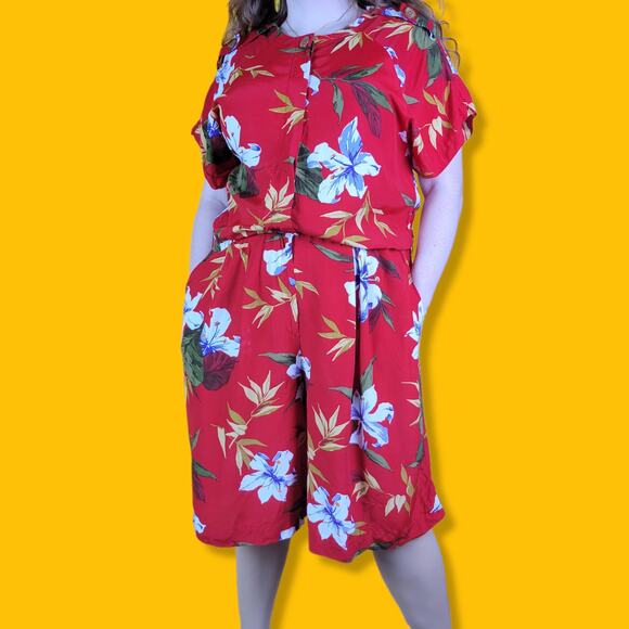 Vintage Jessica Howard Red Floral Print Romper, Fits L - Picture 1 of 5